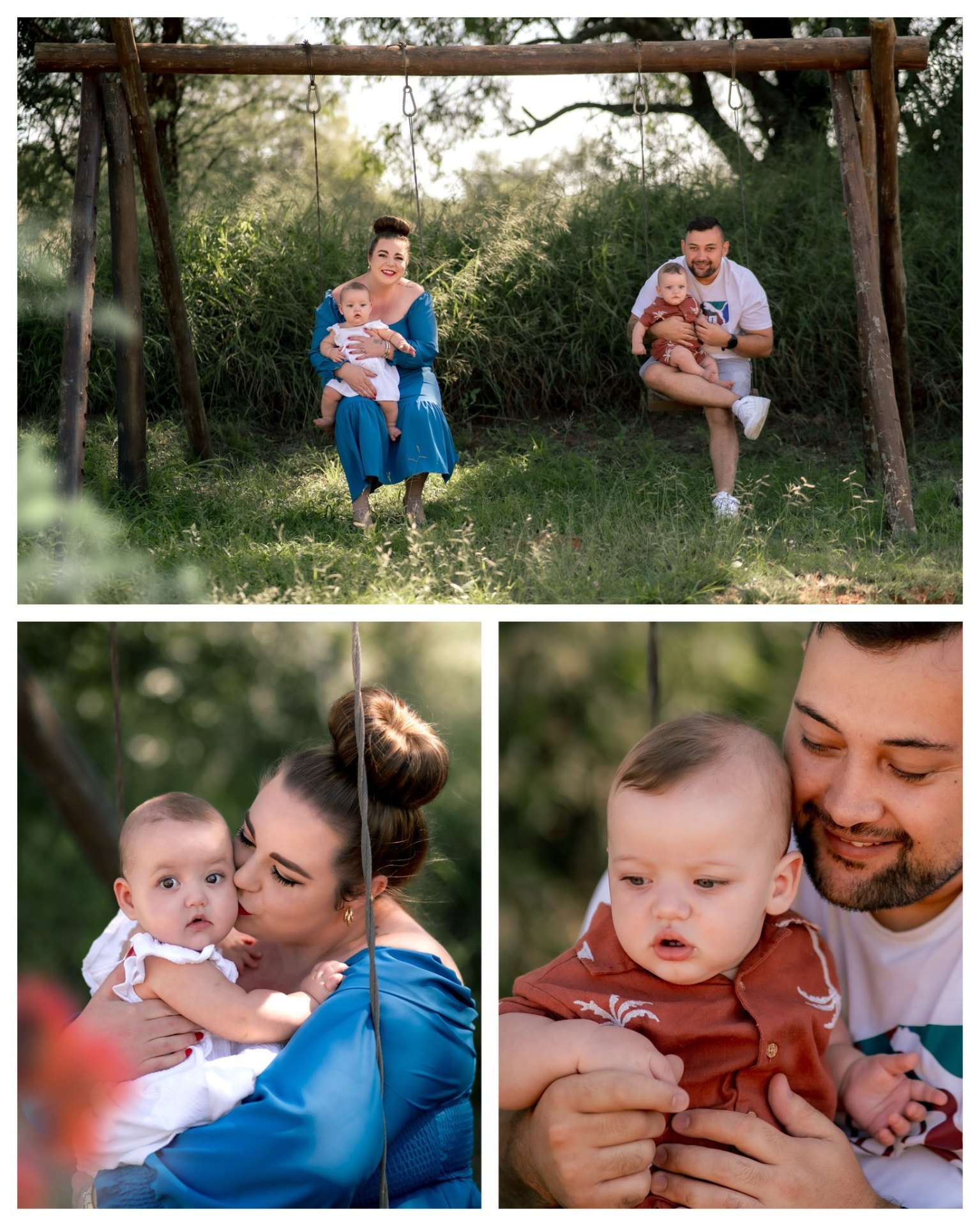 Family newborn collage on a wooden swing in the long grass
