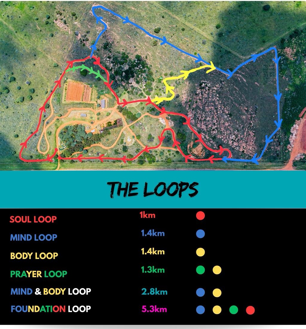 Aerial map of Solid Ground showing colour-coded MTB and trail loops — Soul, Mind, Body, Prayer, Mind & Body, and Foundation